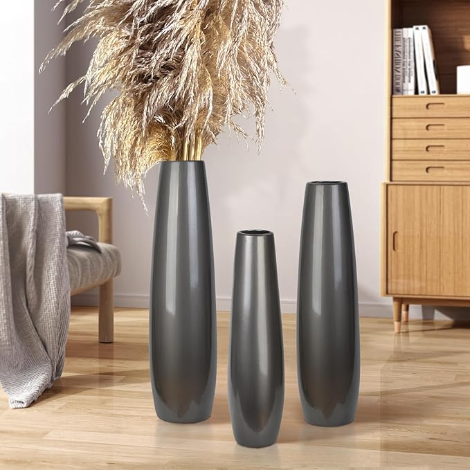 Silvery Ceramic Tall Floor Vase,24 Inch Large Modern Flower Vases for Home Décor,Wicker Big Floor Vases Decorations for Farmhouse, Living Room,Bedroom,Standing Plastic Vase Decorative Tall