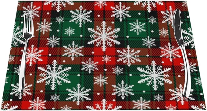 PVC Placemats Set of 6 Wipeable Table Mats Washable Heat Resistant Non Slip Vinyl Dining Table Mat for Kitchen Indoor Outdoor Patio Farmhouse Place Mats Grid Green Red Xmas Decorative