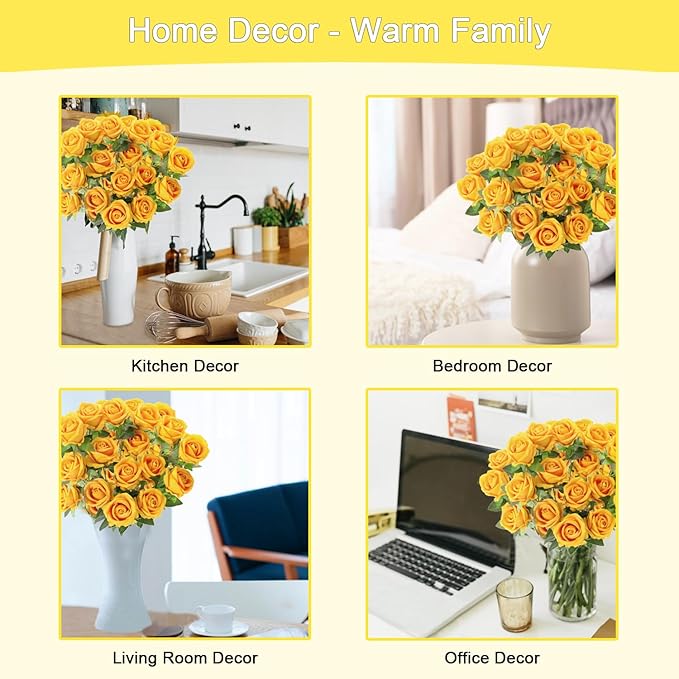 50Pcs Yellow Roses Artificial Flowers Fake Roses Faux Velvet Silk Flower for Home Wedding Decoration (Pearl Rose, Yellow)