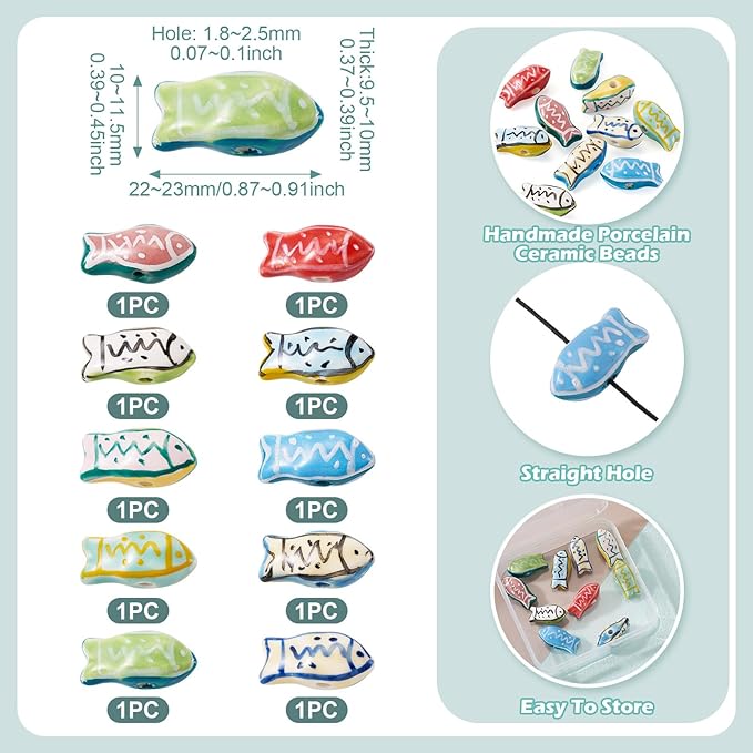Beadthoven 10Pcs Fish Handmade Porcelain Ceramic Beads Colorful Printed Ceramic Beads Cute Ocean Sea Animal Spacers for DIY Necklaces Bracelets Summer Jewelry Making Crafts Supplies