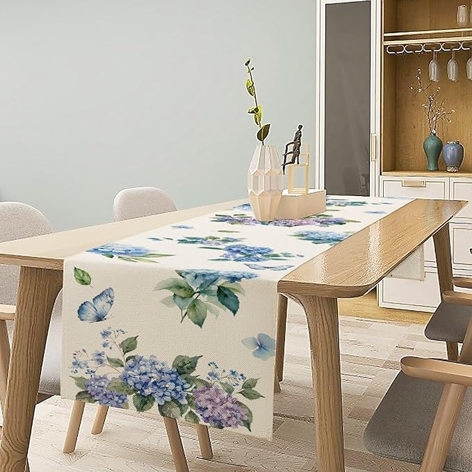 Blue Floral Table Runner, Spring Summer Watercolor Hydrangea Flower Butterfly Country Farmhouse Coffee Table Center Decor for Home Kitchen Dining Patio Holiday Party Table Decorations 13x72 inches