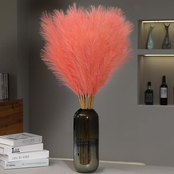 9 Stems Orange Pampas Grass - 38 Inch Tall Faux Pompous Grass Decor, Large Artificial Pompas Floral for Vase Filler, Wedding, Party and Fall Home Decor (Orange)
