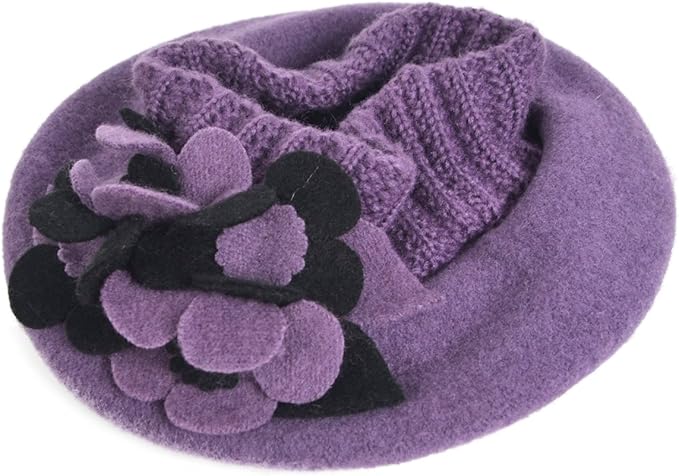 VECRY Lady French Beret 100% Wool Beret Floral Dress Beanie Winter Hat