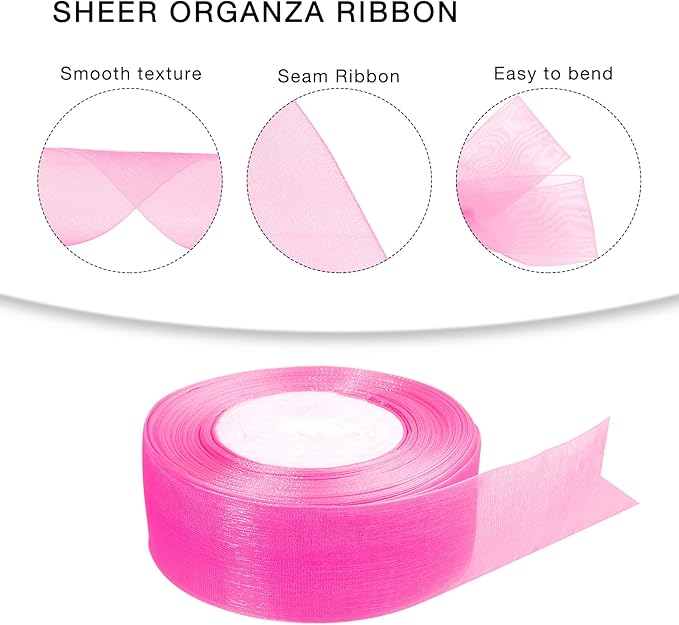 1.5 inch Sheer Organza Ribbon Hot Pink Chiffon Ribbon for Gift Wrapping Christmas Halloween Decoration Wedding Bouquet Crafts 50 Yards