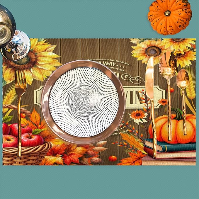 Thanksgiving Holiday Pumpkins Fall Placemats Set of 6 PVC Vinyl Non Slip Table Mats Heat Resistant Place Mats Washable Wipeable Dining Table Mat for Kitchen Decor Party Indoor Outdoor Decorative Gift