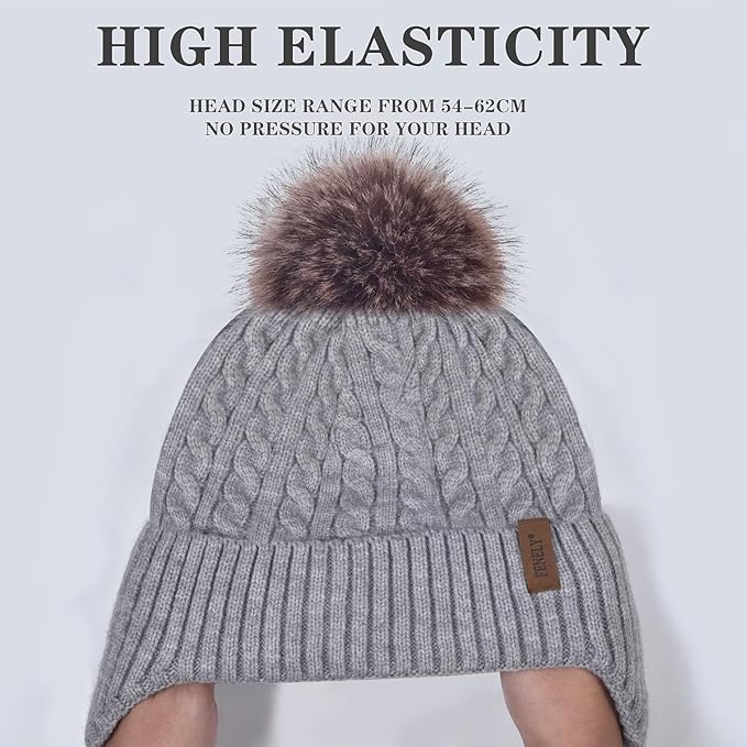 FENELY Women's Knitted Warm Beanie Winter Hat, Warm Chunky Snow Hat with Pompom