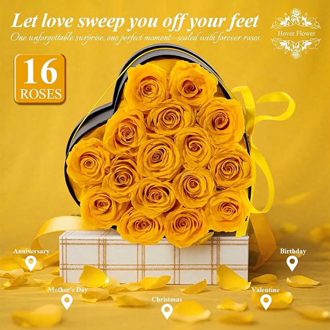 16 Forver Preserved Flowers in a Heart Box, Flowers for Her,Eternal Roses Flowers for Delivery Prime, Flowers Birthday Gifts for Women Mom Grandma Wife - Yellow