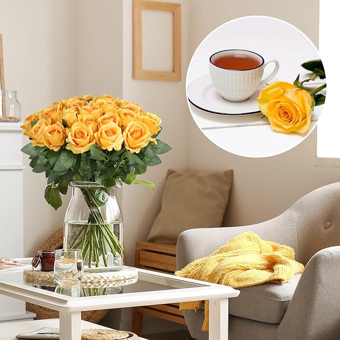 30pcs Fake Roses Artificial Silk Flowers Long Stems Bouquet for Wedding Bridal Shower Party Home Decoration (Gradient Yellow)