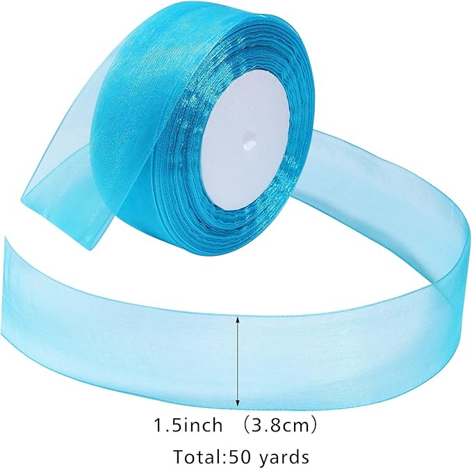 Lake Blue Ribbon for Gift Wrapping 1-1/2 inch Sheer Organza Ribbon for Flower Bouquet Tulle Chiffon Ribbons for Wedding Invitations Christmas Decorations Crafts 50 Yards