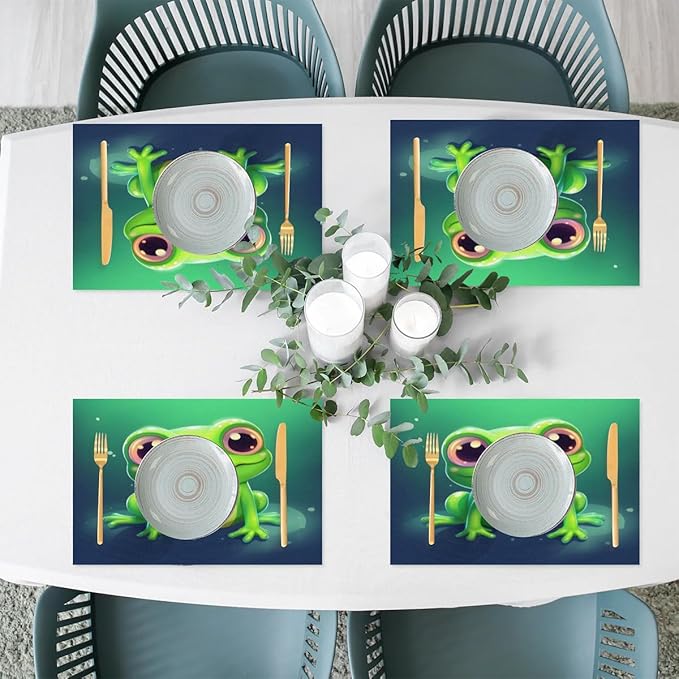 Frog Animal Green Placemats Set of 1 PVC Vinyl Non Slip Table Mats Waterproof Heat Resistant Place Mats Washable Wipeable Dining Table Mat for Kitchen Party Farmhouse Indoor Outdoor Decorative
