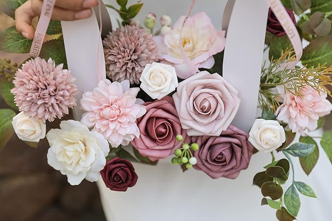 Artificial Flowers Combo Box Set Gradient Color Flower Leaf with Stems for DIY Wedding Bouquets Centerpieces Baby Shower Party Home Decorations（Pink Purple）