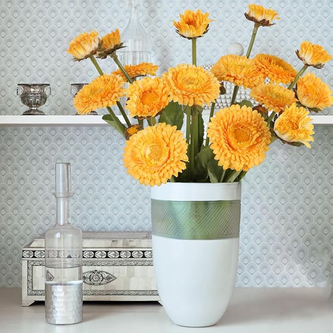8pcs Yellow Artificial Daisies Silk Pot Marigold Flowers Realistic Faux Flowers for Vase Table Centerpiece Home Wedding Party Garden Decoration(Yellow)