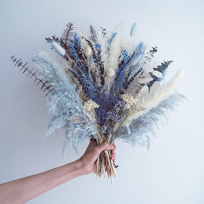 Pampas Grass Bouquet - Natural Dried Flower Arrangement, Mix Plants Eucalyptus Stems Bundle for Boho Table Centerpiece, Rustic Home Office Wedding Decor, or Gift
