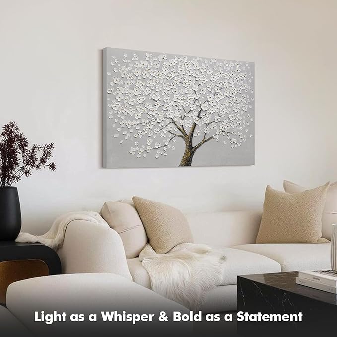 JUHOME Hand Painted White Floral Canvas Wall Art, 3D Textured Flower Oil Painting on Canvas, Neutral Colors for Bedroom, Living Room, Hallwa, Modern Home Decor,24x36