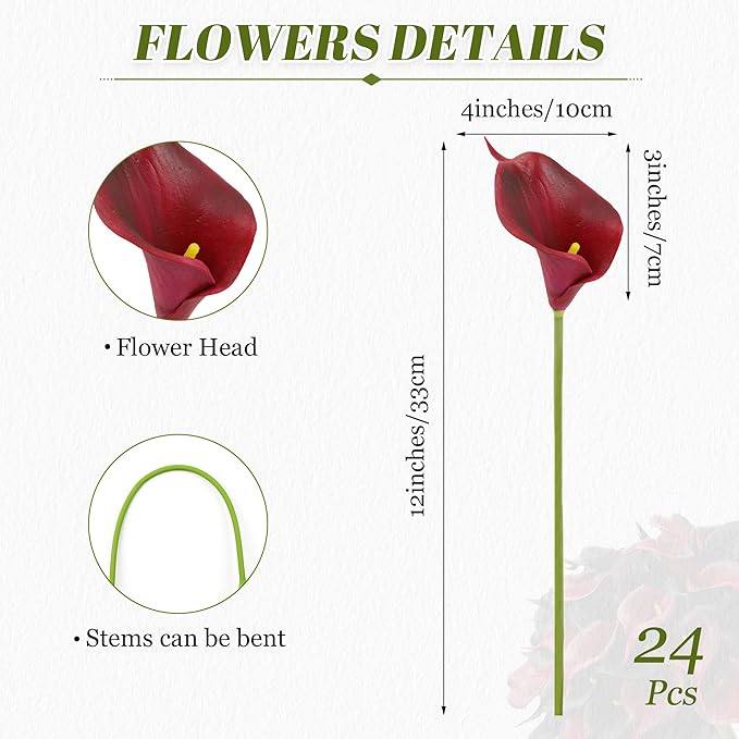 24 Pcs Artificial Calla Lily Flowers Fake Silk Flowers Real Touch for Halloween Wedding Bouquet Office Home Kitchen Decor (Black Red)