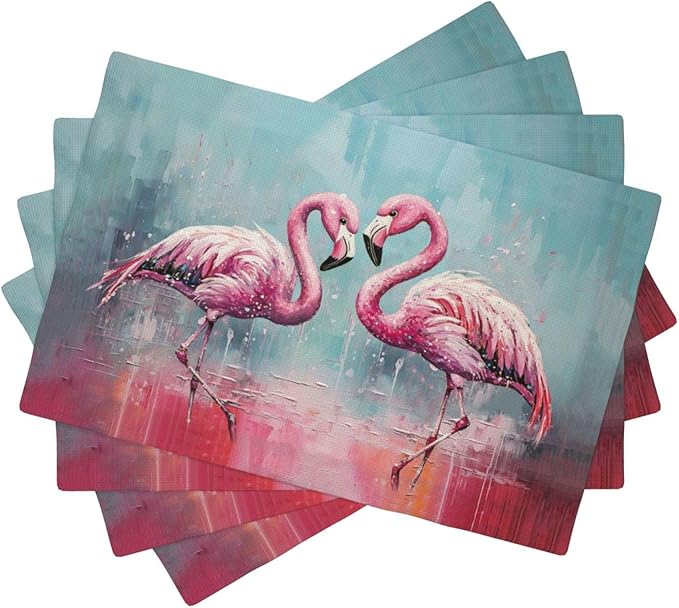 Pink Flamingo Placemats Set of 4 Washable Table Mats Modern Tropical Heat-Resistant Cotton Linen Place Mats for Dining Table Kitchen Indoor Outdoor Party Holiday Decor