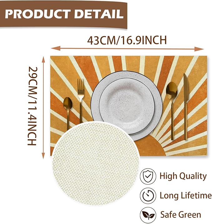 Boho Placemats Set of 4, 70s Retro Boho Neutral Sun Sunshine Placemats, Boho Mid Century Modern Table Mats Place Mats for Kitchen Dining Table Decoration 16.9x11.4 Inch