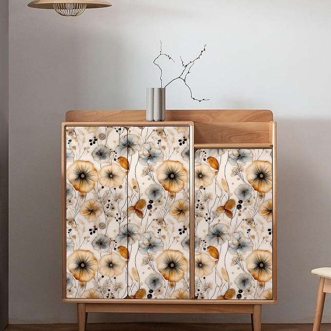 Watercolor Floral Peel and Stick Wallpaper Amber and Blue Leaf Gold Self Adhesive Removable Floral Wall Paper Renter Friendly Contact Paper for Bedroom Bathroom Walls Shelf Liner 17.71"X236.2"