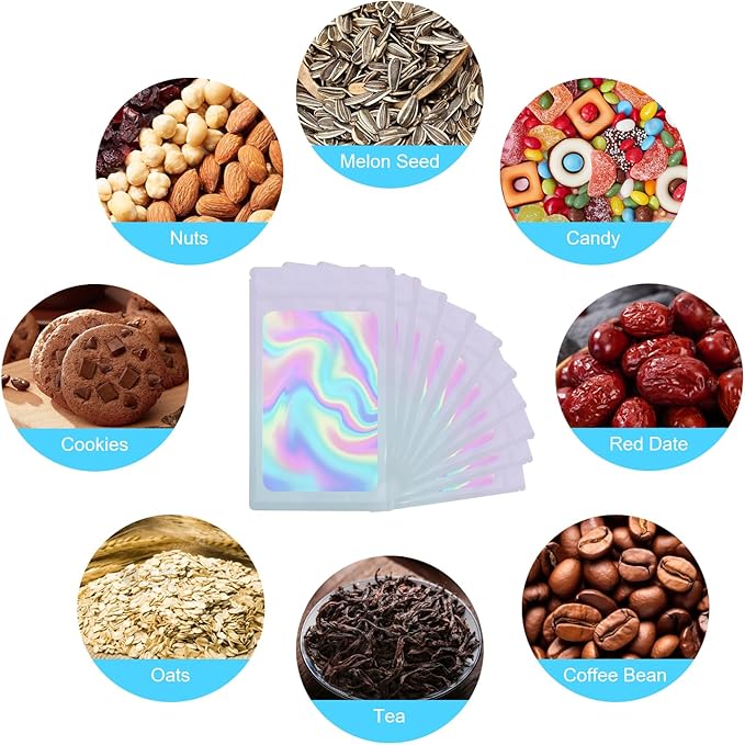 400 Pack 4 Size Bags with Clear Window,Scratch Resistant Hand Holographic Packaging Pouch,Resealable Bag for Small Bussiness Cookies Jewelry Candy Sample (Pink Blue, 2.4×3.9,3x4.7,4×7,5.5×7.9 inch)