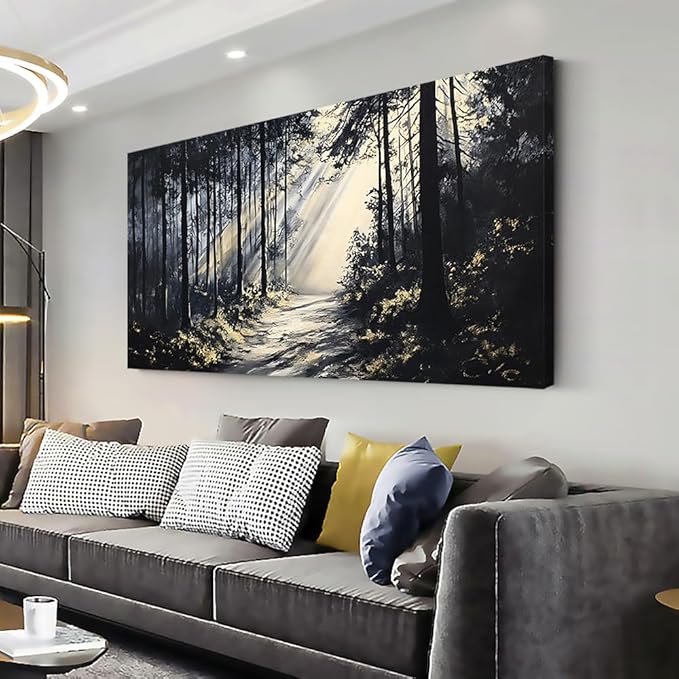 LAVIKARS Rustic Sunlight Forest Wall Art for Living Room Office Black and White Modern Landscape Canvas Painting Prints Large Nature Artwork Home Kitchen Bedroom Decor (16x30 Inches)
