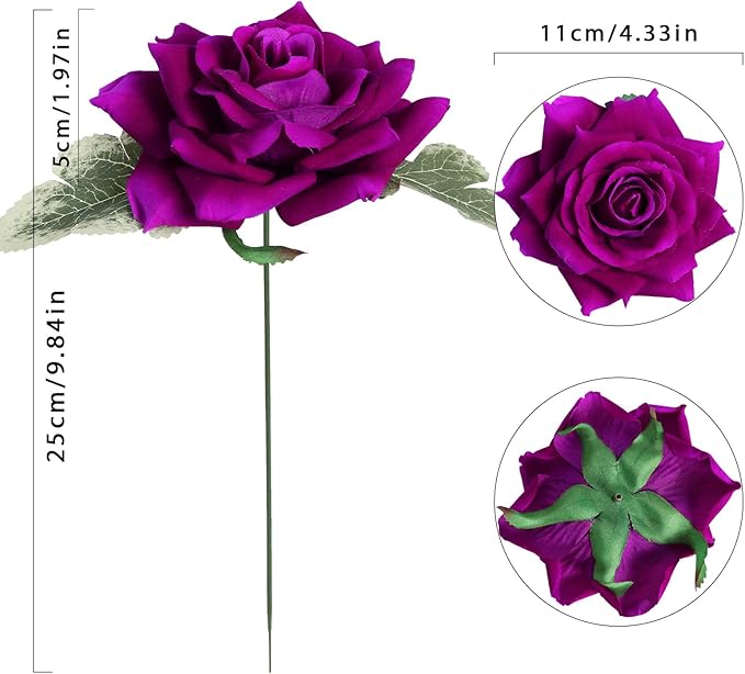 Artificial Roses Purple Silk Flowers 4.3" Purple Velvet Roses Artificial Flowers 16PCS Real Lookong Faux Flowers with Stems for DIY Wedding Party Baby Shower Home Decoration(Purple)