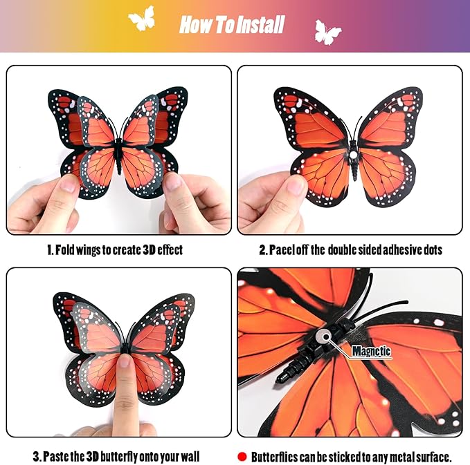 SAOROPEB 3D Butterfly Wall Decor, 24 Pcs Double Layer Butterfly Decorations for Party Decorations Locker Decor Refrigerator Decal, Reusable (Monarch)