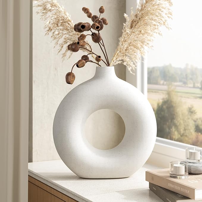 Cream White Ceramic Vase for Home Decor, Donut Vase for Pampas Grass, Dried Flowers, 7.6 Inch Minimalist Boho Flower Vases Decorative for Table, Shelf, Living Room, Dining Room, Farmhouse