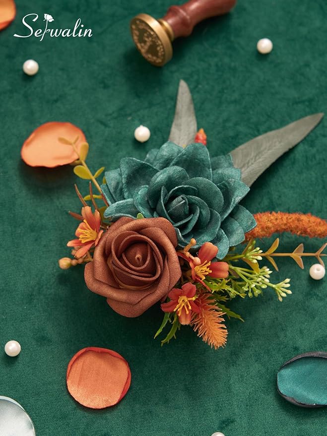 Serwalin Teal Orange Wrist Corsage and Boutonniere Set 2pcs, 6-7inch Boutonniere for Men, Corsage Wristlet Wristband Prom Flower Wedding Flowers Accessories Prom Suit Decorations