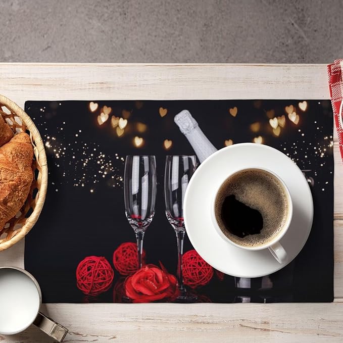 Red Rose Wine Linen Table Placemats Set of 4 Romantic Floral Modern Art Placemat Indoor Outdoor Party Home Desktop Kitchen Dining Room Decoration 12x18 Inch