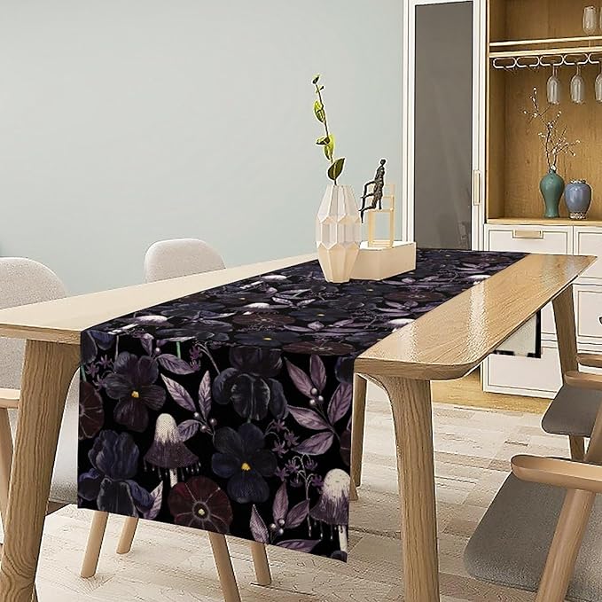 Gothic Floral Table Runner, Watercolor Black Purple Flowers Victorian Luxury Vintage Leaves Plant Table Runner for Home Kitchen Dining Decor Indoor Outdoor Party, 13x120inch