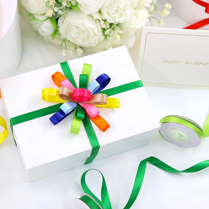 Rainbow Ribbon 12 Color Double Face Solid Color Satin Ribbon for Gift Wrapping, Flower Bouquet, Wedding Birthday Pride Party Decoration, DIY Crafts, 3/8" X 5 Yard Each Total 60 Yds Per Package