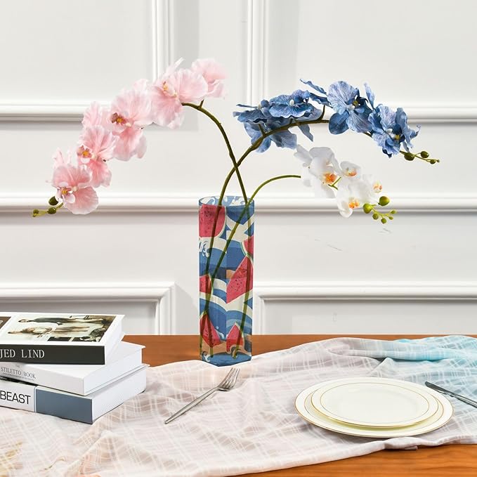 Flower Vase Clear Plastic Cylinder Vases Decor for Centerpieces Home Storage Office Weddings Bright Blue Waves Watermelon Slices 11.8 x 3.9 in