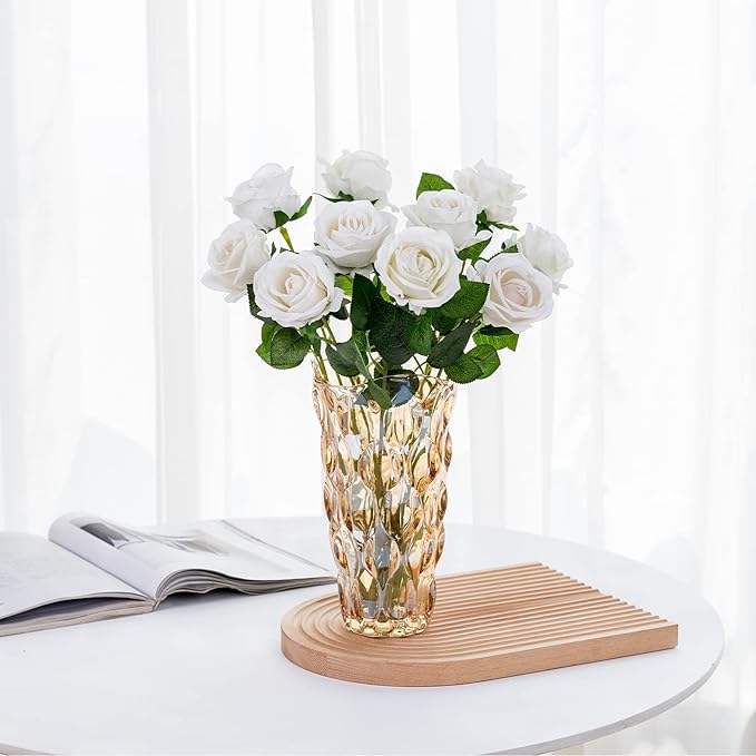 Hawesome Fake Roses Artificial Silk Flowers - 12 Pcs White Roses Artificial Faux Flowers with Stems for Home Wedding Centerpiece Hotel Office Decor