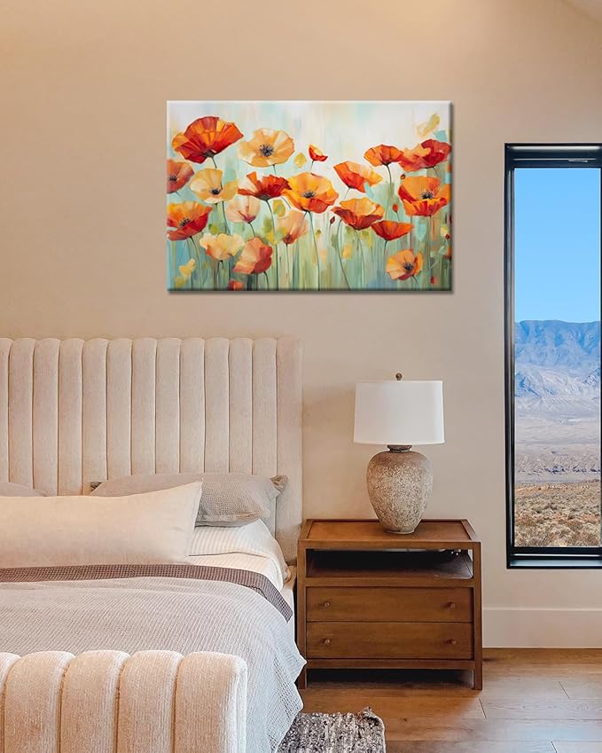 GLOKAKA Vibrant Poppies Wall Art Floral Red and Orange Watercolor Poppy Flower Painting Print Canvas Artwork For Living Room Bathroom Dinning Room Decor (Vibrant Poppies, 36"x24")