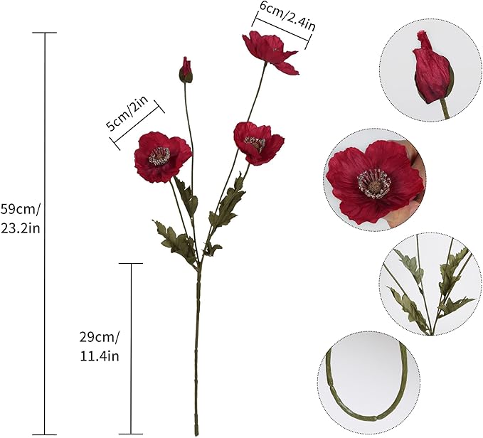 IPOPU Red Poppy Flowers 6pcs Artificial Poppies Faux Vintage Silk Flower Arrangements for Wedding Centerpieces, Home Table, Bridal Shower Party Decorations
