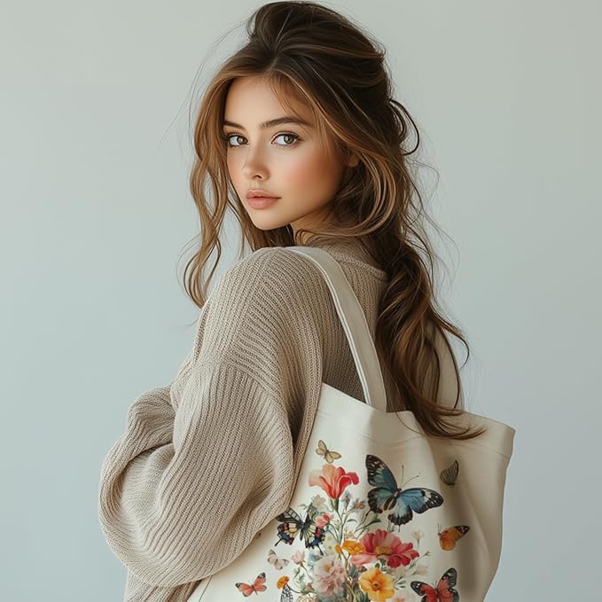 ANATTASOUL Canvas Tote Bag Butterfly Bouquet Reusable Cotton Bag for Women, Durable Cloth Shoulder Bags with Zipper Pockets for Shopping, Vacation, Work, Gym