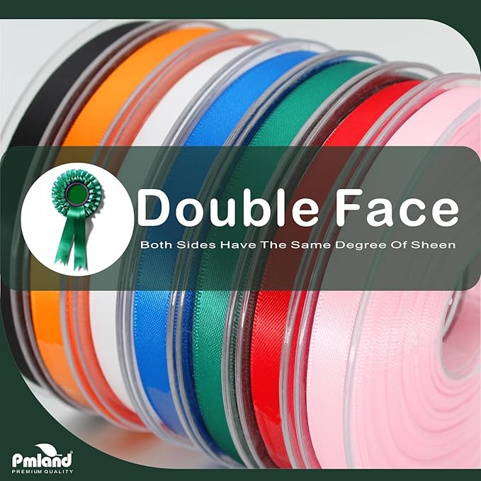 PMLAND Christmas Green Fabric Satin Ribbon 3/8'' Inch x 27 Yards Double Faced Use for Crafts Gift Wrapping Floral Bouquets Ornaments Hair Bows Party Decoration