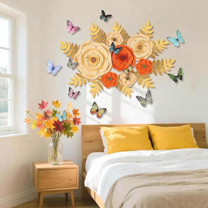 Large Paper Flowers Decorations for Wall, Artificial 3D Flower Wall Decor with Butterfly Sticker Orange Champagne Floral Wall Decal for Classroom Spring Garden Tea Bulletin Board Decorations