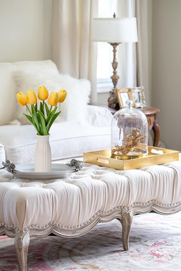 Briful 2 Packs Faux Flowers Artificial Tulips with Ceramic Vase, Poly Foam Yellow Tulips Real Touch Flower Arrangement for Home Kitchen Wedding Centerpiece Decoration