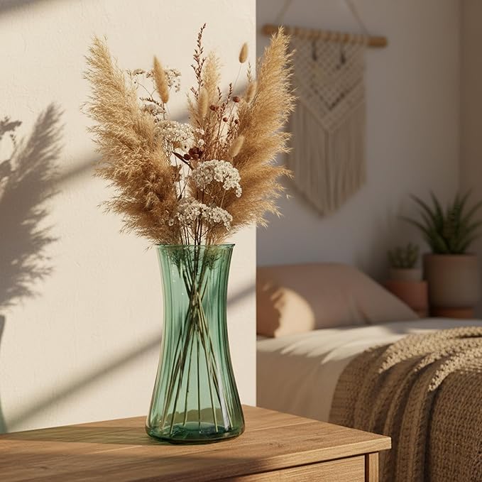 9 in.Tall Mint Green Glass Flower Vase - Modern Ribbed Hourglass Shape,Wide Opening Decor for Home Living Room, Dining Table, Wedding Gift