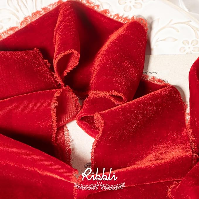 Ribbli Red Velvet Ribbon 3 Inch Handmade Frayed Vintage Christmas Ribbon for Gift Wrapping Christmas Tree Ornament Wreath Craft Home Decor -3 Yards