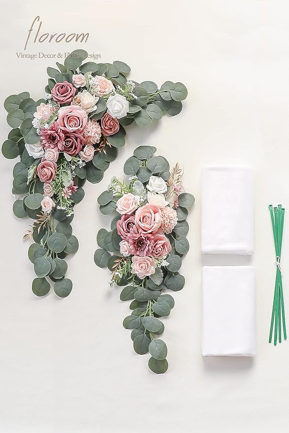 Floroom Arch Flowers with Drapes Kit (Pack of 4) - 2pcs Artificial Dusty Rose & Blush Floral Swag Arrangement with 2pcs Draping Fabric for Wedding Ceremony Arbor and Reception Backdrop Decoration