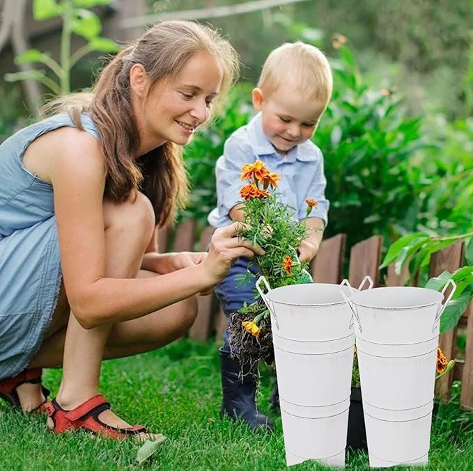 Set of 8 Small Galvanized Metal Vases for Flowers,Small Galvanized Flower Bucket,Metal Flower Vase with Handles for Home Decor and Wedding Table Centerpiece Decorations (White,10'' Height)