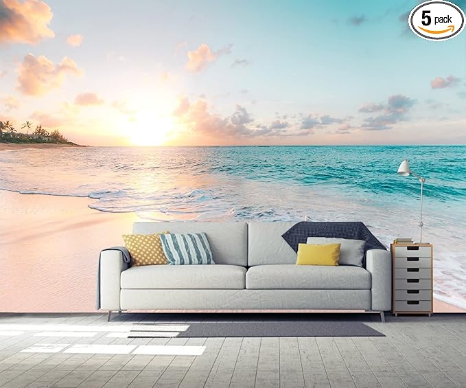 Sunset Wall Murals Romantic Beach Photo Mural Wallpaper Wall Decor Print for Living Room Bedroom Dining Room（Not Peel and Stick）