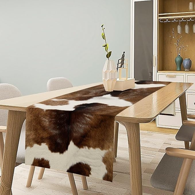 Cow Skin Print Table Runner Farmhouse Western White Brown Cowhide Rustic Cottage Country Seasonal Spring Fall Kitchen Dining Table Decoration for Home Party Dinner 13x36cm