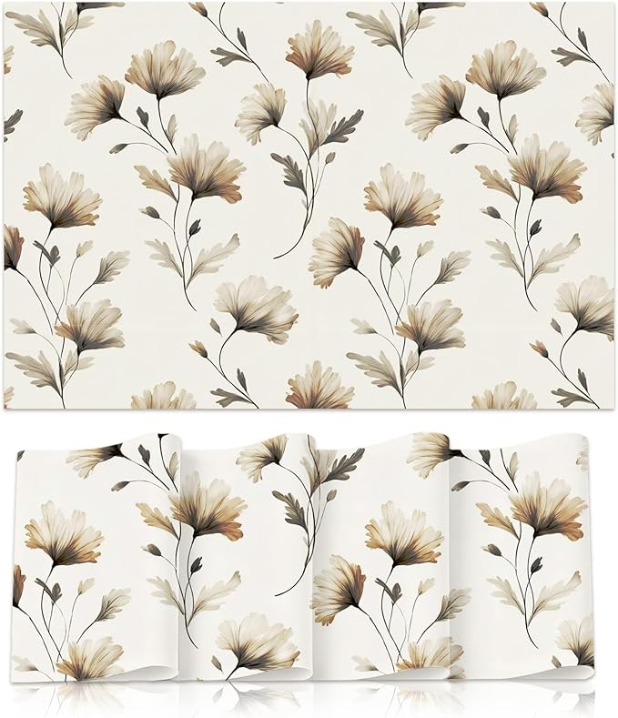 Linen Fabric Floral Placemats Set of 4 Vintage Table Mats with Beige/Brown Botanical Design, Heat-Resistant Tabletop Place Mats 12x18 in Backing for Picnic Kitchen and Dining Decor for Indoor