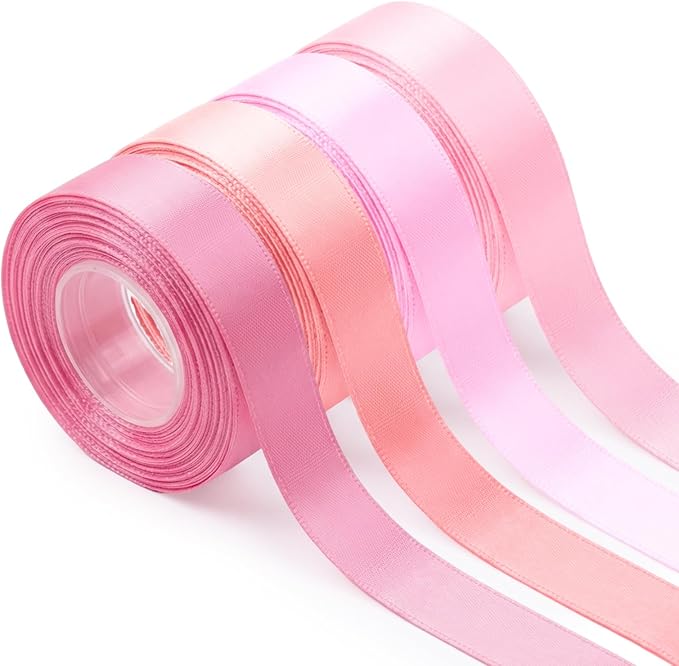 3/8 Inch Pink Ribbon 4 Rolls Total 16 Yards, Mixed Ribbon for Gift Wrapping, Wedding and Birthday Celebrations, Flower Bouquet, Craft Projects, and Christmas Bow-Making