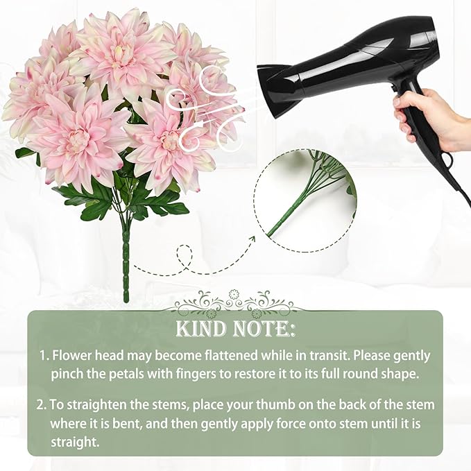 Hollyone 15.7" Pink Artificial Dahlia Flowers Bush 7 Heads Silk Fake Dahlias Flowers with Stems Wedding Bouquets Faux Dahlia Flowers Arrangements for Outdoor Indoor DIY Table Centerpieces Home Decor