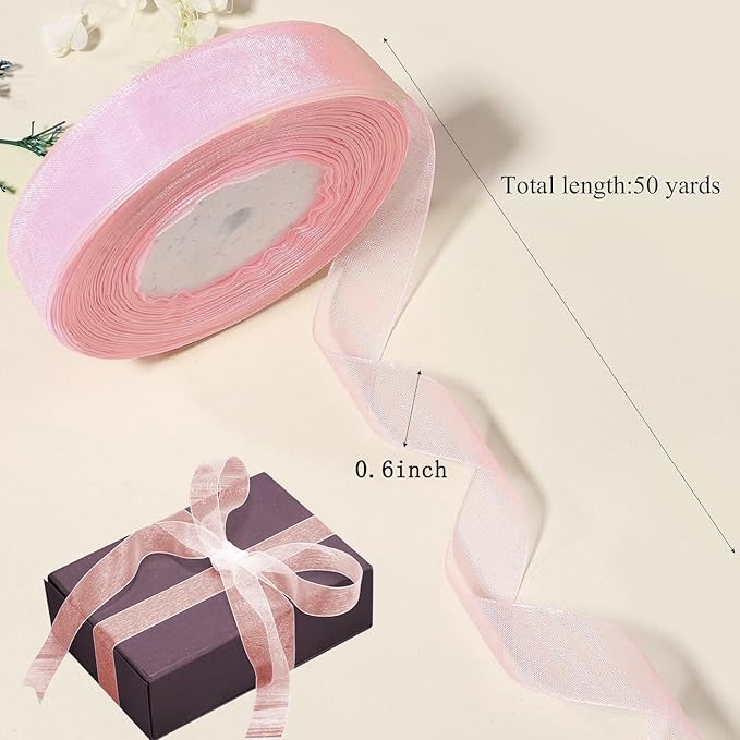 Cftone 4 Yards Pearl Edge Flower Wrapping Mesh Paper with 3/5 inch Organza Ribbon 50 Yard Gift Wrap Ribbon, Bouquet Transparent Mesh Wrapping Paper for Mother's Day Valentine's Day Wedding Graduation Birthday Gift (Champagne Pink with 50 Yard Pink Ribbon)