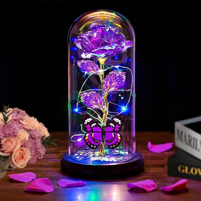 Christmas Rose for Women Mom Wife Her,Womens Gifts for Christmas,Light Up Rose Flower Gifts for Women,Glass Butterfly Gifts for Sister, Birthday Gifts for Mom Purple